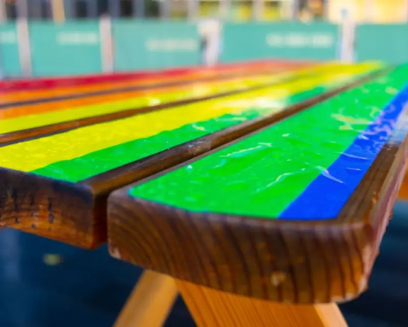Picnic bench from Eden Benches with multi colored top