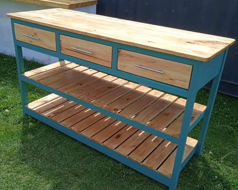 Eden Benches Kitchen Island in Blue and wood